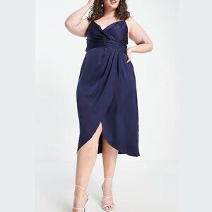 Little Mistress Plus satin wrap midi dress navy blue side slit pleated smocked